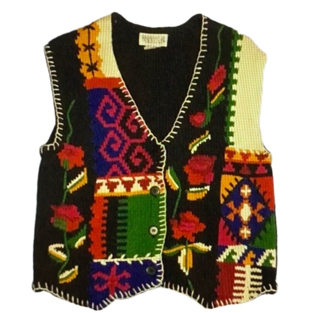 PENDLETON Knock Abouts Vintage Knit Vest M – Multicolor Patchwork Tapestry Folk - Picture 2 of 16